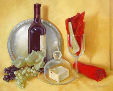 soft pastel painting of wine and pepperjack cheese