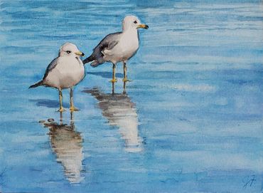 painting of seagulls on the shore