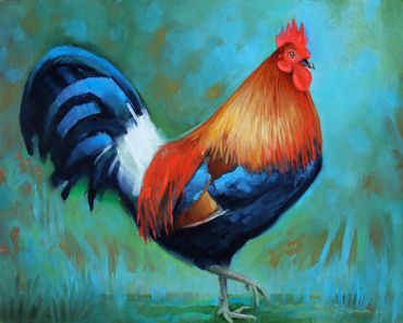 oil painting of rooster in the barnyard