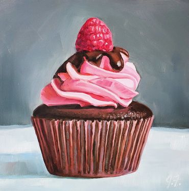 oil painting of a raspberry cupcake
