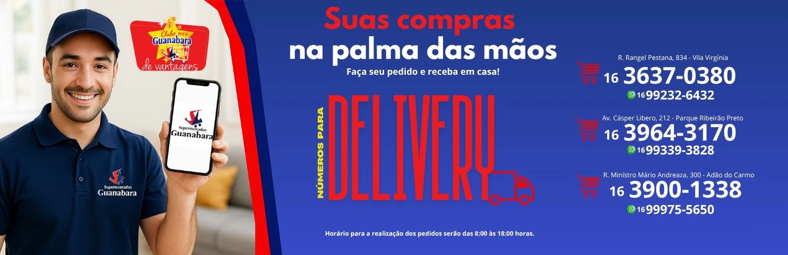 Entrega delivery dos Supermercados Guanabara com contatos para pedidos.