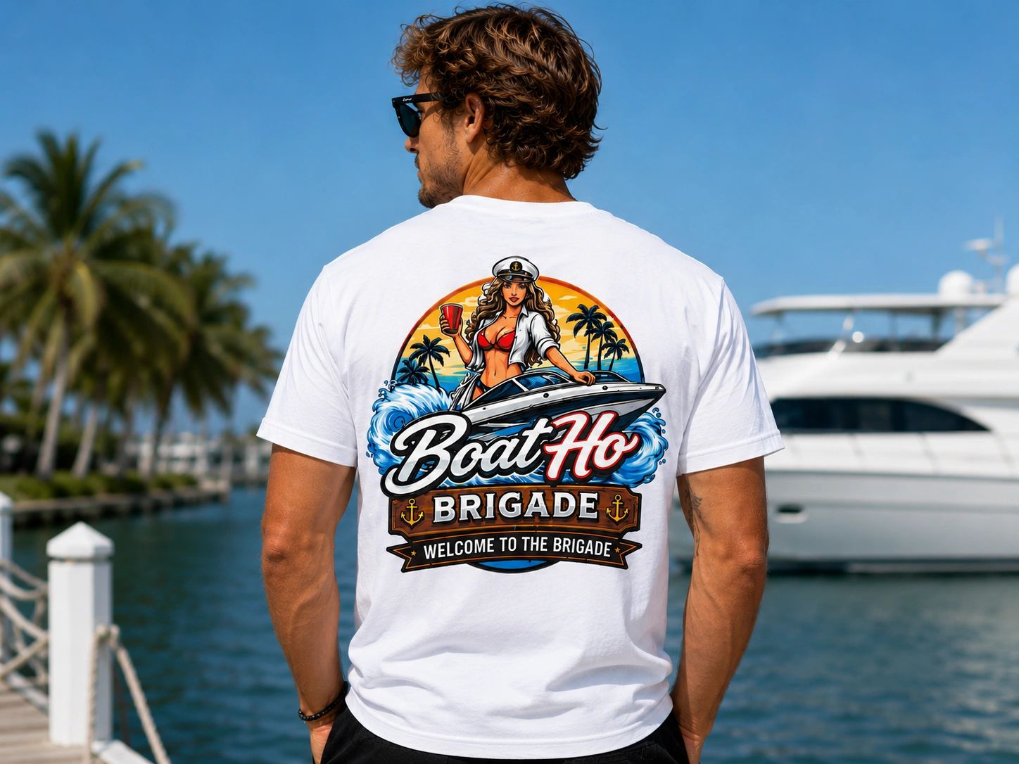 Man wearing a white T-shirt with colorful boat-themed graphic design.