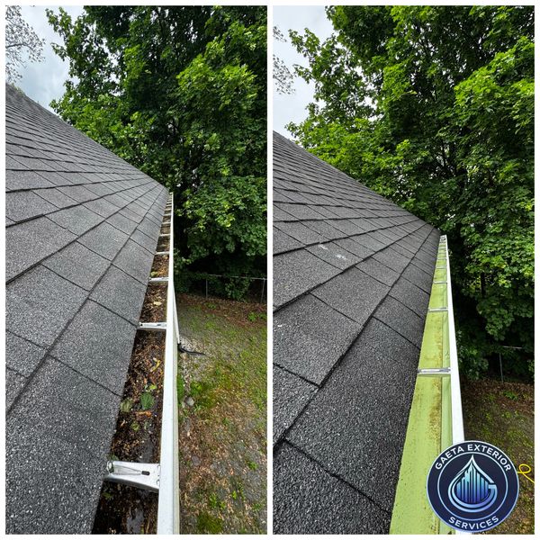 Side-by-side comparison of a dirty gutter and the same gutter cleaned.