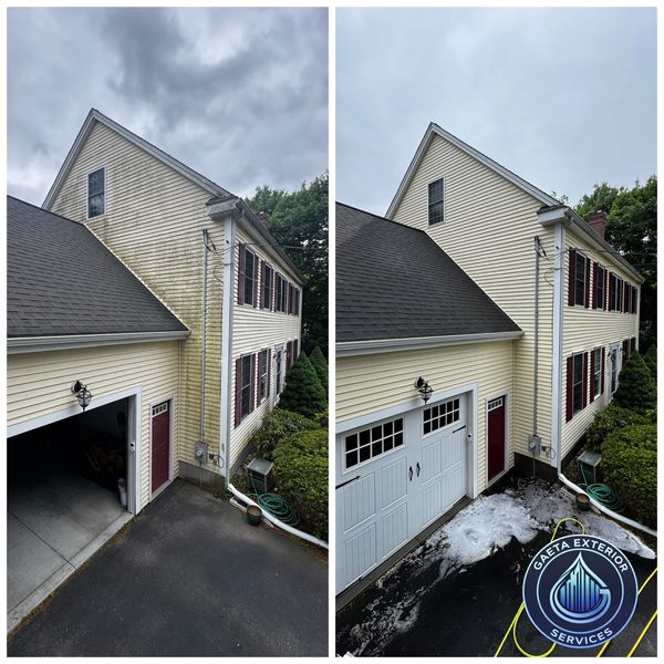 Side-by-side comparison of a house before and after cleaning exterior walls.