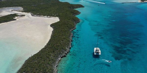 Serenity charter catamaran at anchor BVI’s.