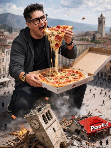 A giant man enjoys a cheesy pizza above a tiny city with a collapsed clock tower and a Pizza Hut.