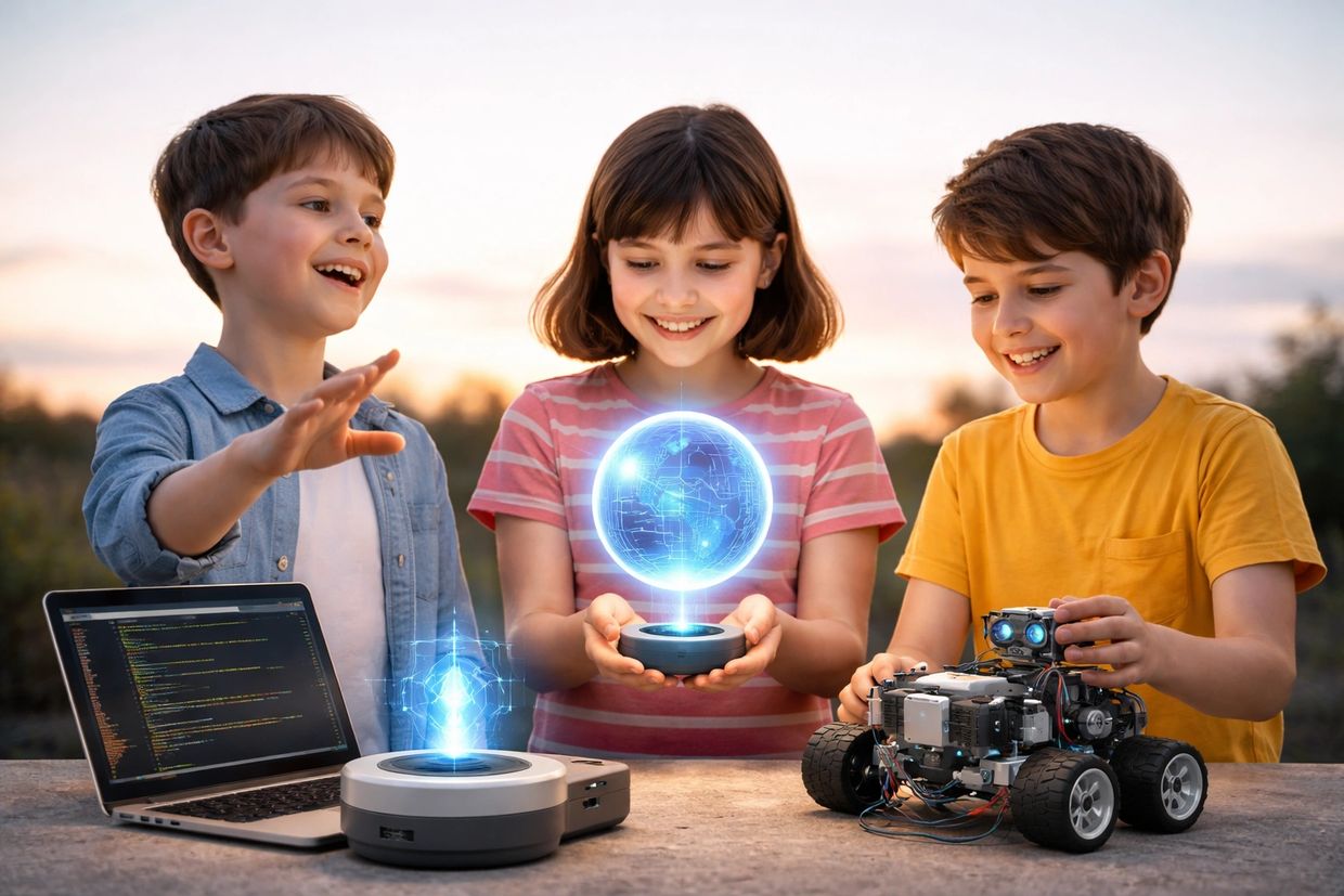 Three children exploring futuristic technology with holograms and a robot outdoors.