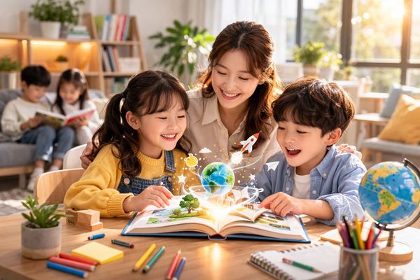 A mother and two children excitedly read a magical book about the Earth and space.