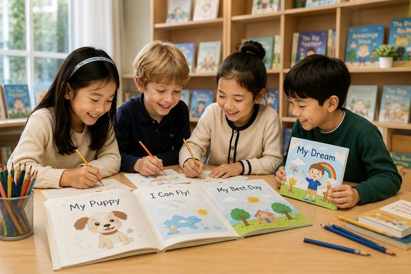 Four children happily reading and coloring storybooks in a library.