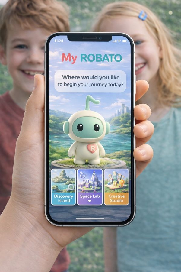 A child-friendly app interface with a cute robot and journey options.