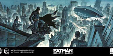 Batman and Catwoman overlooking Gotham City from a rooftop at night.