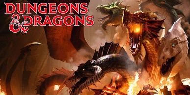 Dungeons & Dragons logo with a fierce multi-headed dragon breathing fire.