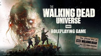 The Walking Dead Universe Roleplaying Game promotional poster with a giant zombie and survivors.