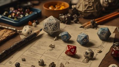 Tabletop role-playing game setup with dice, character sheets, and pencils.