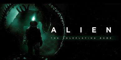Dark sci-fi image of a spaceman and an alien with the title 'Alien: The Roleplaying Game'.