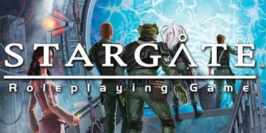 Characters approach a glowing Stargate in a sci-fi roleplaying game cover.