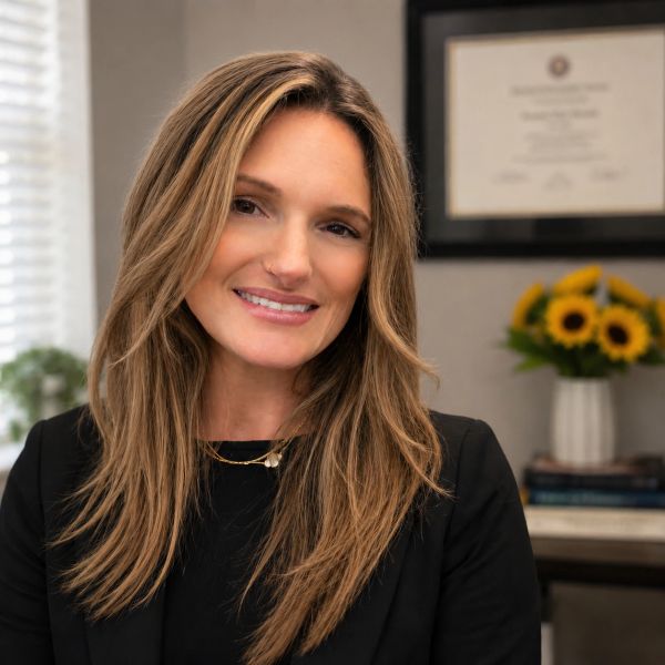 Smiling woman with long hair in a professional setting.