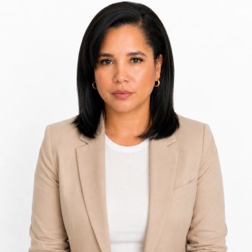 Professional woman in beige blazer and white shirt.