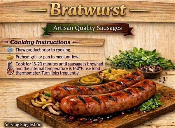Grilled bratwurst sausages served with greens and mustard.