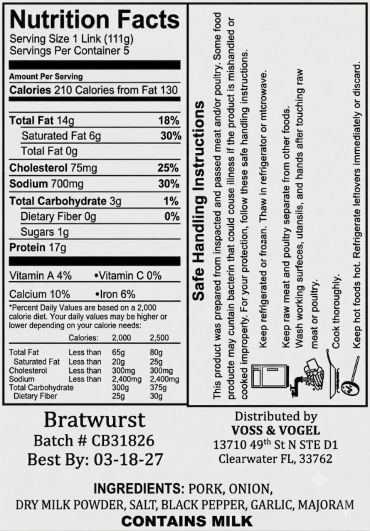 Nutrition facts and ingredients for bratwurst.