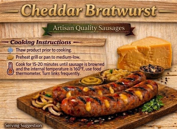 Cheddar bratwurst with cooking instructions and cheese.