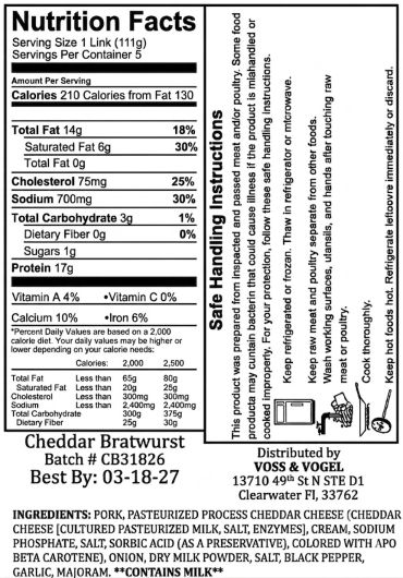 Nutrition facts label for cheddar bratwurst with ingredients listed.