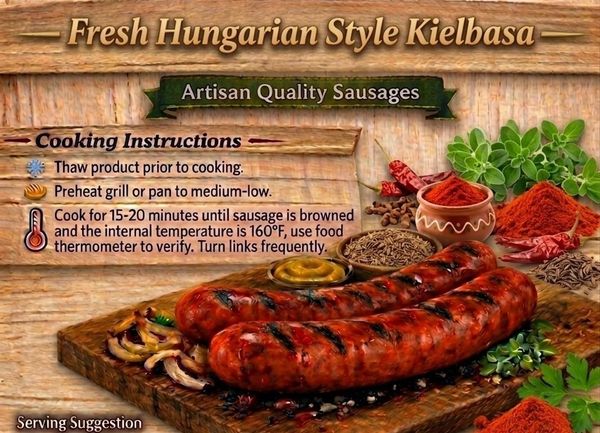 Fresh Hungarian style kielbasa with cooking instructions.