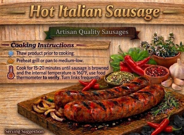 Grilled hot Italian sausages with cooking instructions.