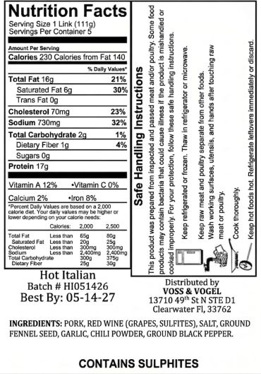 Nutrition facts and ingredients for Hot Italian sausage with sulphites.
