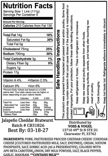 Jalapeño cheddar bratwurst nutrition facts and ingredients label.