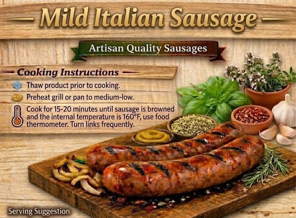 Grilled mild Italian sausages on wooden board with herbs and spices.