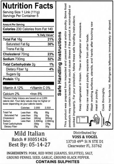 Nutrition facts for Mild Italian sausage with 230 calories per serving.