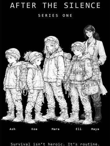 A post-apocalyptic illustration focused on survival after collapse.