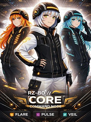 Sci-fi concept art from Command Node RZ-80 CORE, featuring futuristic characters in a dystopian comm