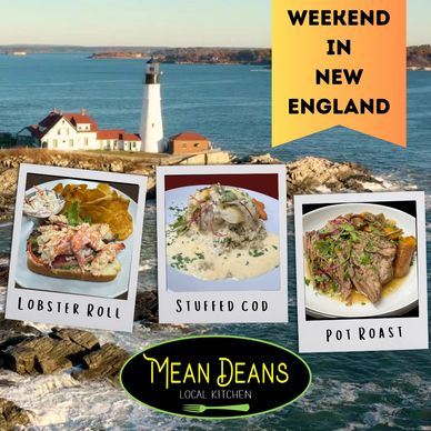 advertisement featuring dishes from new england. background of lighthouse and water.