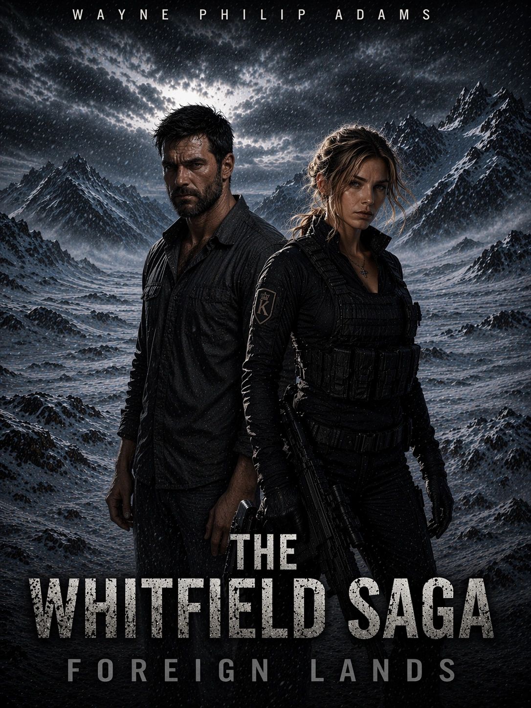 Two intense characters stand against a stormy, mountainous backdrop in The Whitfield Saga.