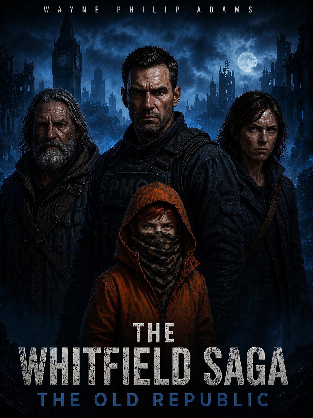 Post-apocalyptic group stands against a ruined cityscape under a full moon.