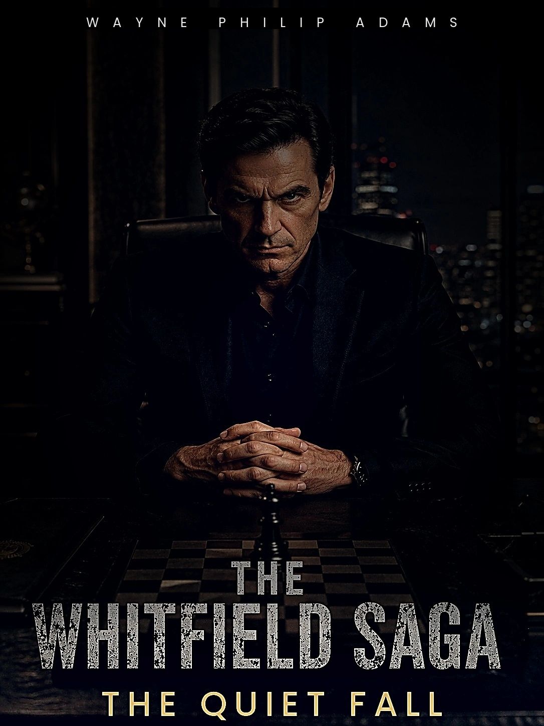 Intense man sits at a chessboard, dark city backdrop in movie poster.