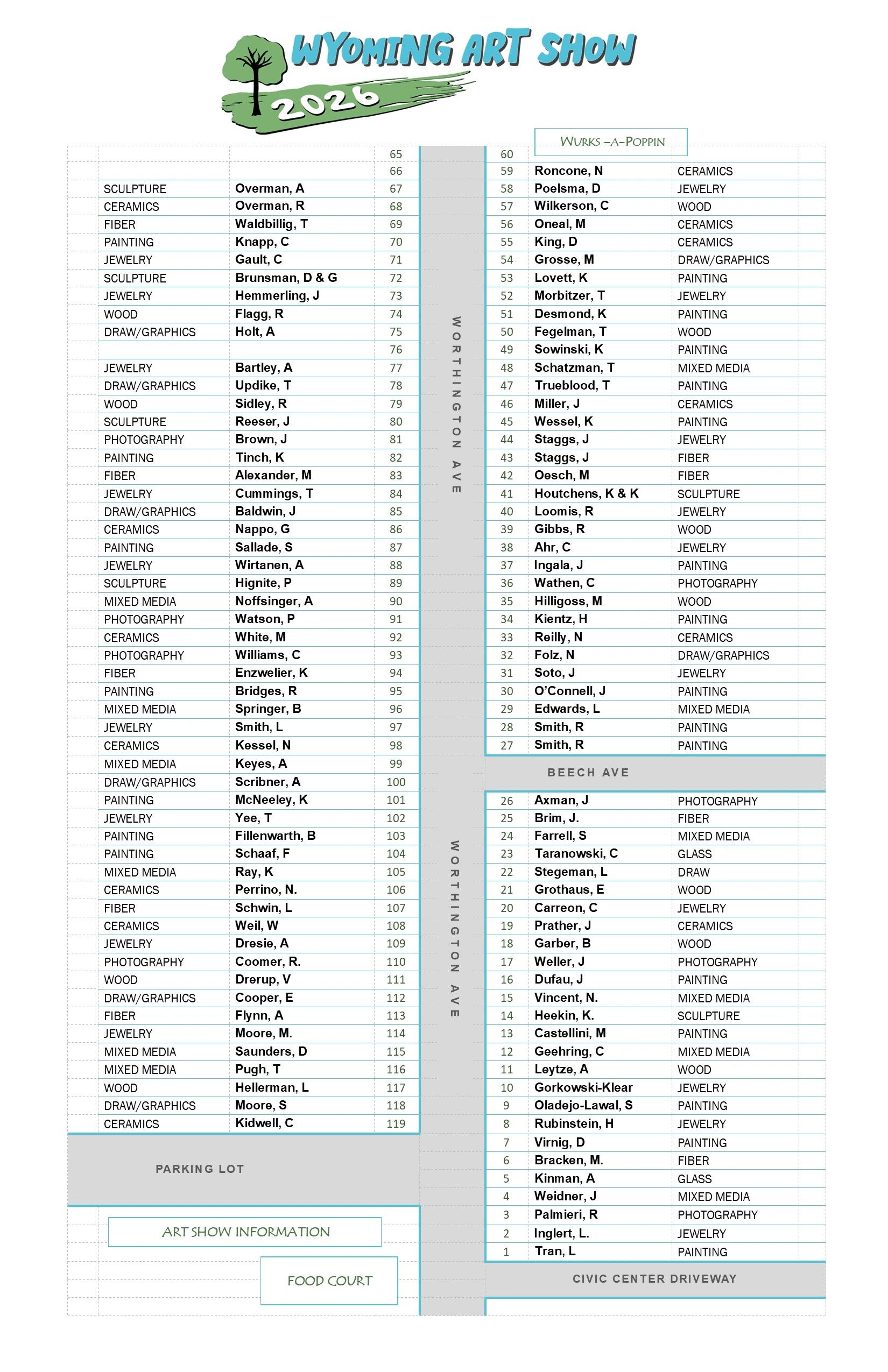 Map and artist list for Wyoming Art Show 2026 with various art categories and locations.