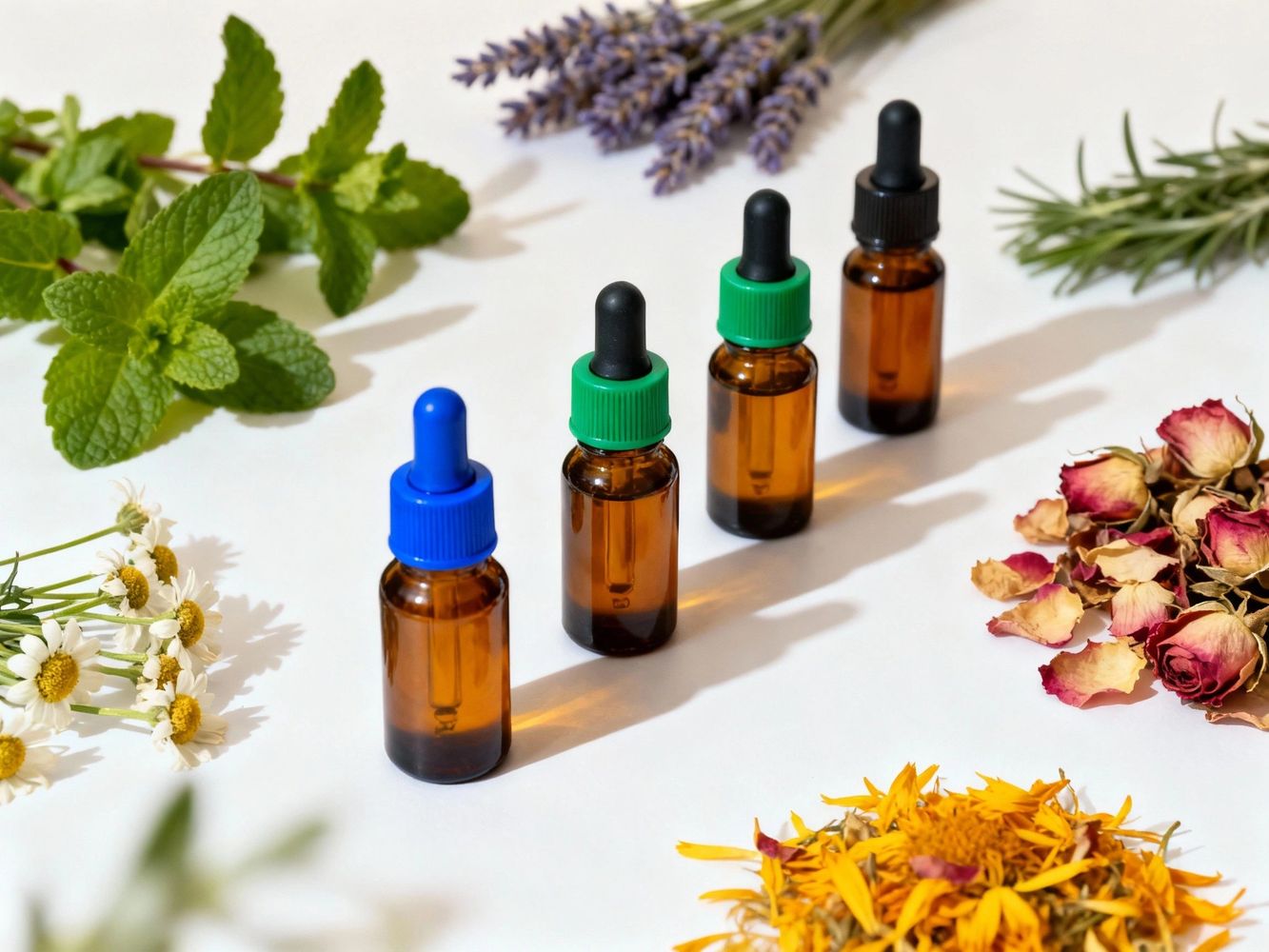 Amber dropper bottles surrounded by various fresh and dried herbs and flowers.