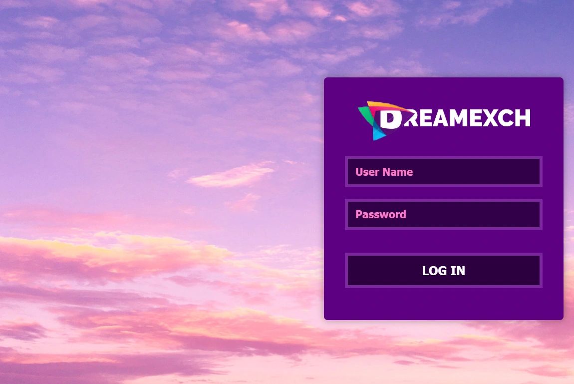 DreamExch login screen with purple theme and sunset background.