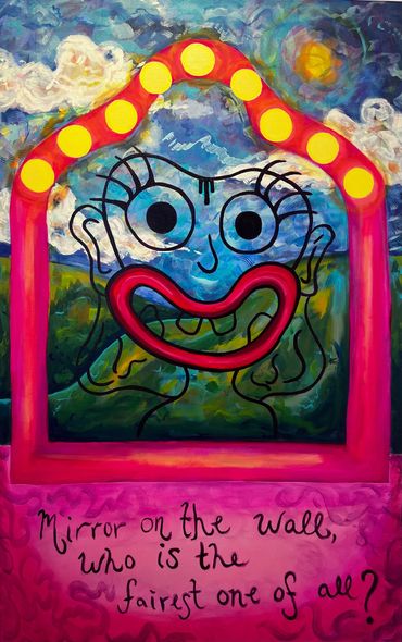 Colorful abstract painting with a whimsical face and illuminated frame.