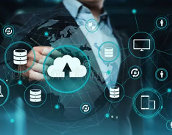 Businessman interacting with cloud computing and data storage icons.