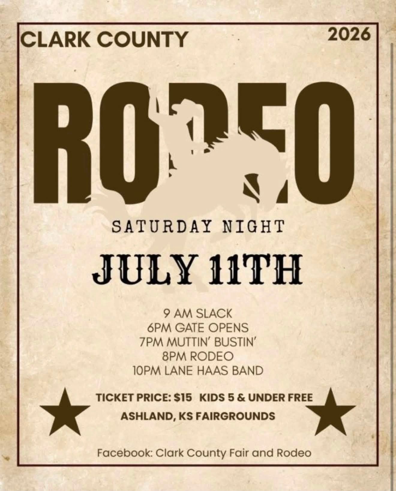 Clark County Rodeo event on July 11th, 2026 in Ashland, KS.