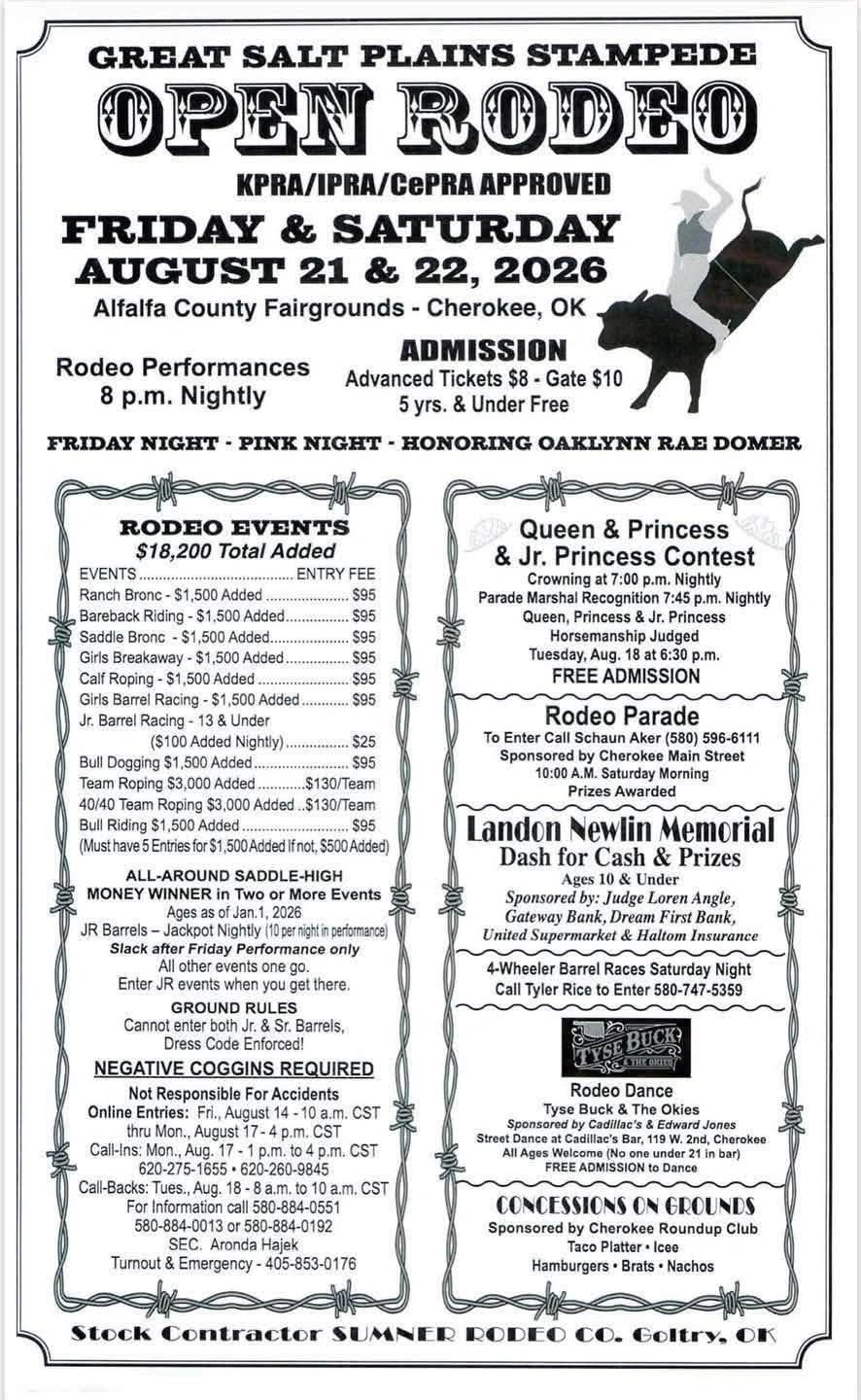 Open Rodeo event poster for August 21-22, 2026 in Cherokee, OK.