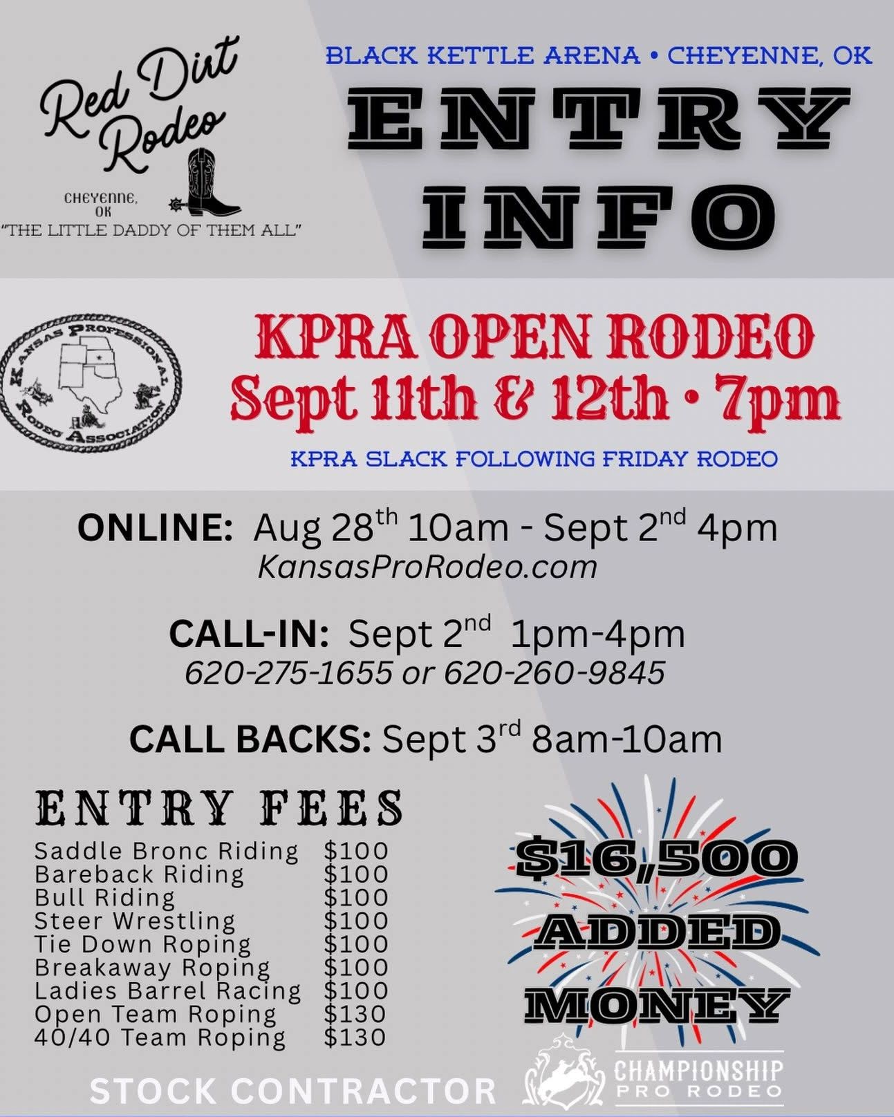 KPRA Open Rodeo entry info for Sept 11-12 in Cheyenne, OK.