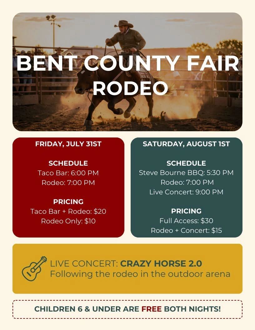 Bent County Fair Rodeo event details with schedules and pricing.