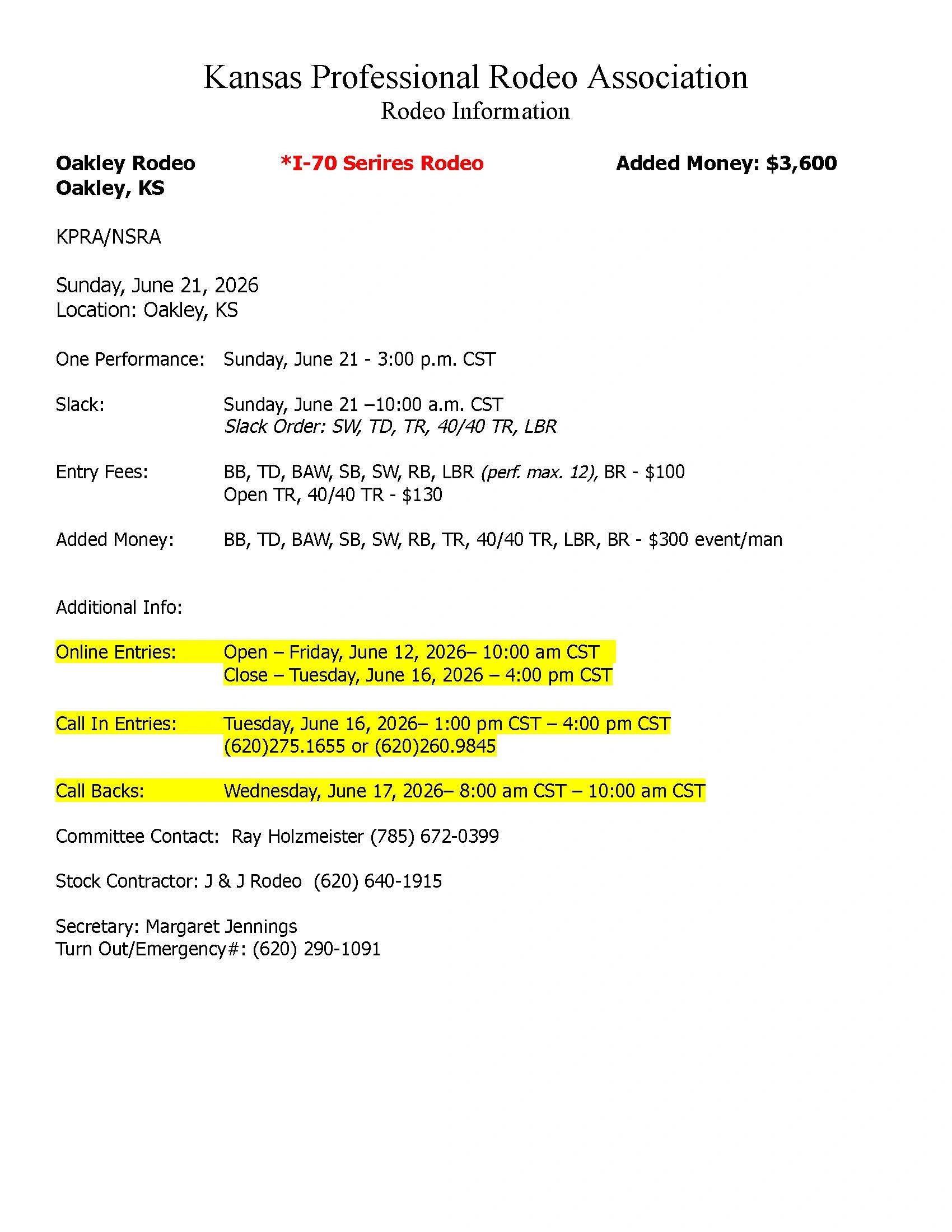 Kansas Professional Rodeo Association event details for Oakley Rodeo in June 2026.