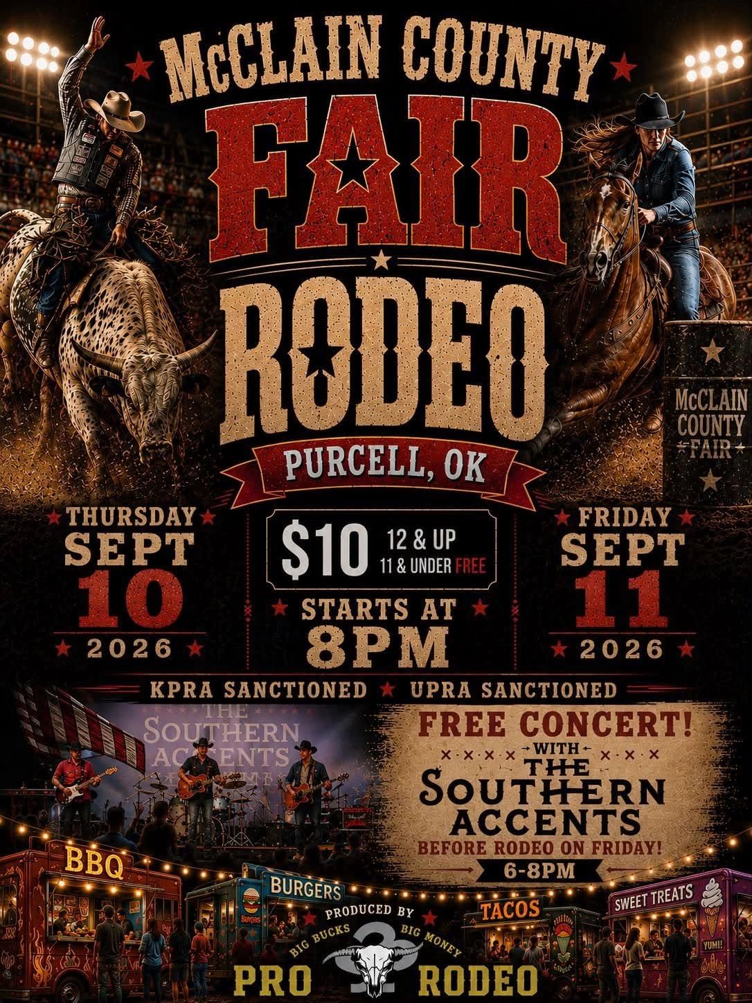 McClain County Fair Rodeo event poster with dates and concert details.