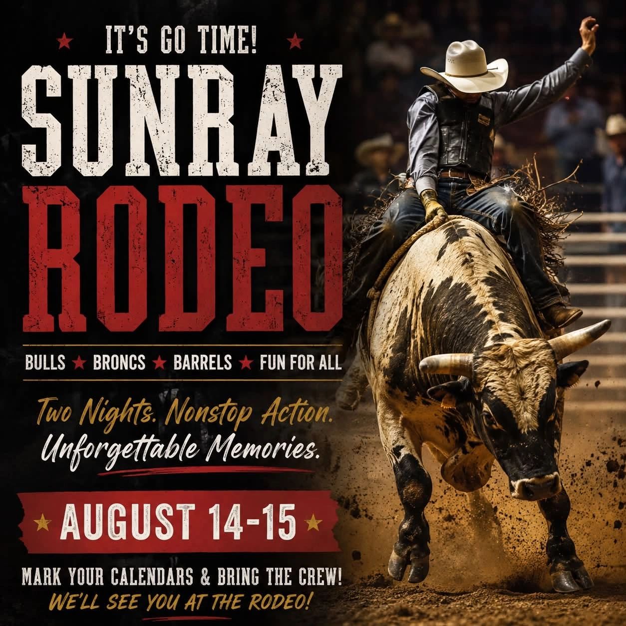 Bull riding action at Sunray Rodeo, August 14-15.